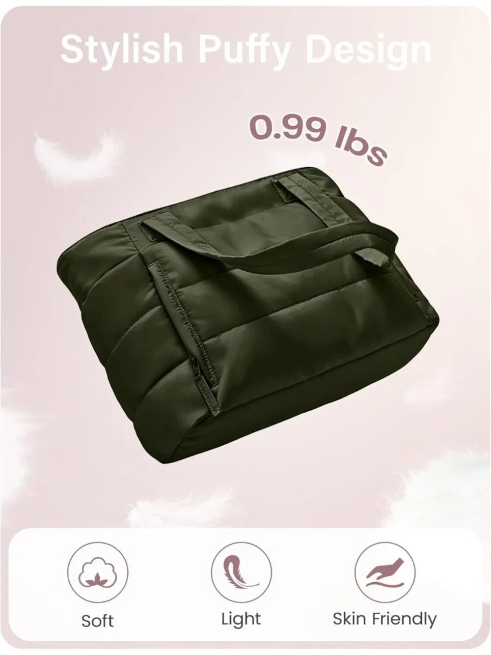 👜Women's Olive Green Quilted Puffer Tote Bag Zipper Work Bag With Compartments
